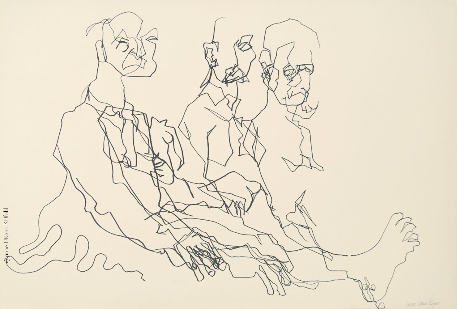 Three Men Blind Contour Drawing by Anne Ukena Kufahl